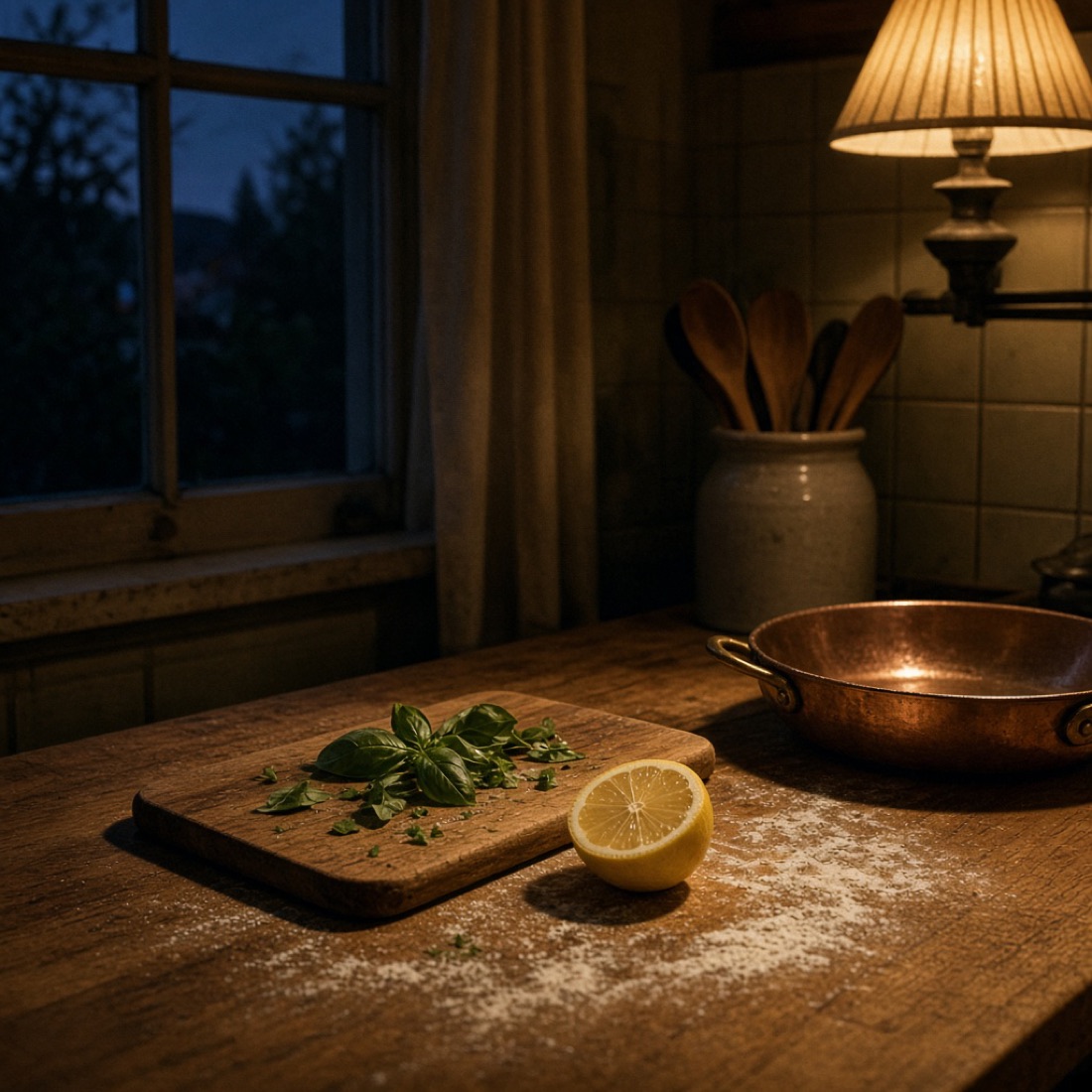 A lemon and basil on a kitchen board at night.