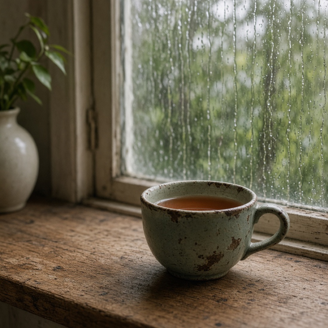 A cup of tea on a wooden sill, rain on the window.
