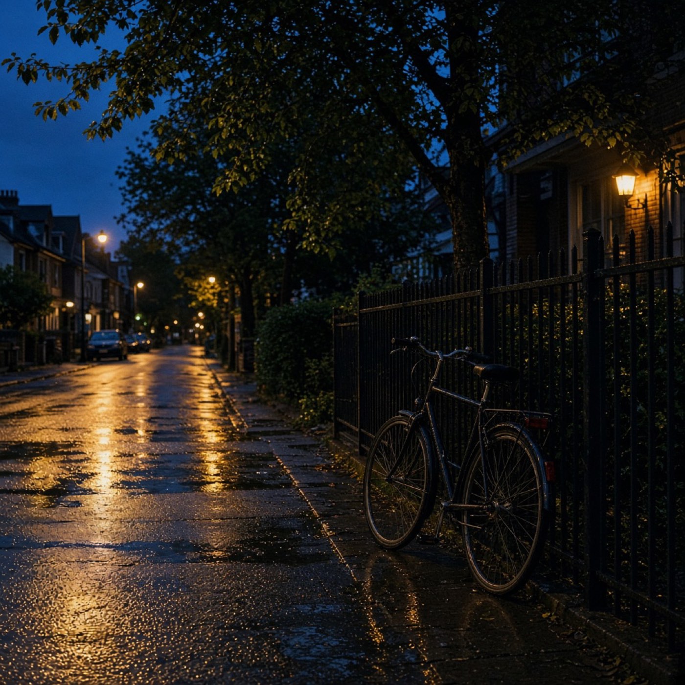 A wet street at night, with a bicycle by a fence.
